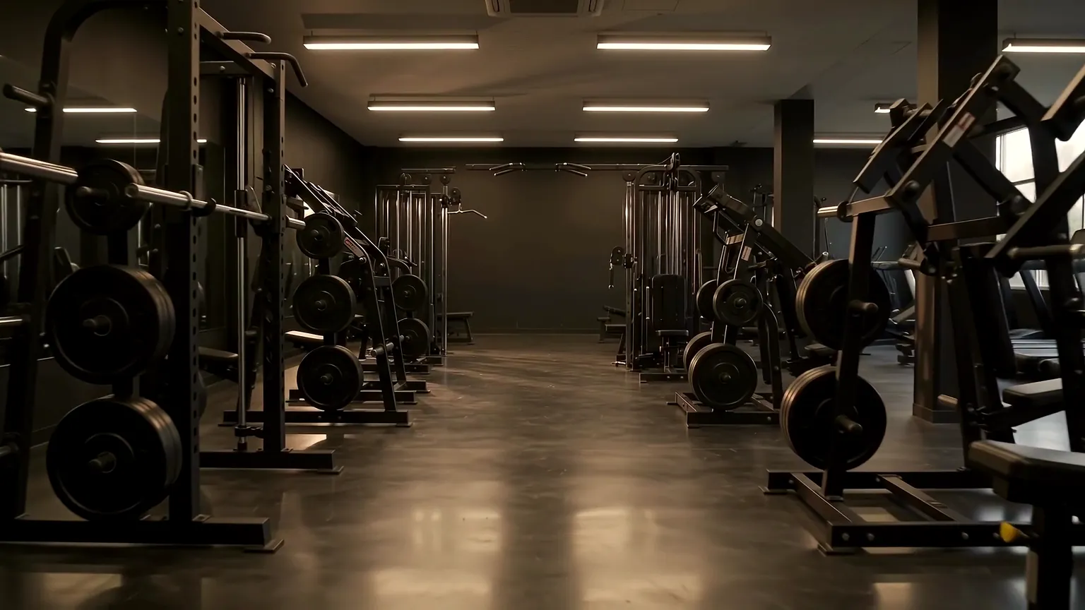 Corredor da academia com racks de agachamento, anilhas, halteres e kettlebells, iluminado no começo da manhã